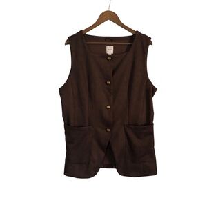 MAEVE Chocolate Brown Faux Suede Cutaway Vest in Brown with Matte Gold Buttons